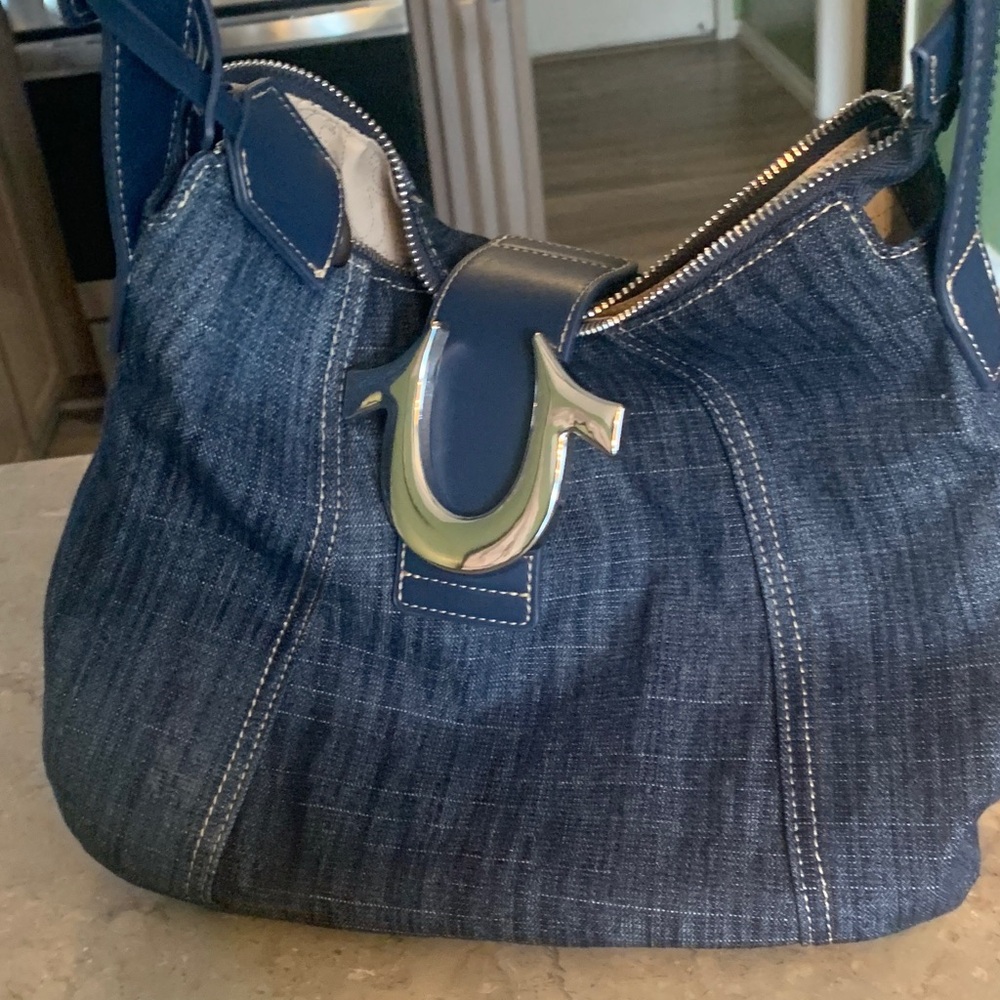 True Religion Dark Blue Denim Shoulder Bag with Silver Accent